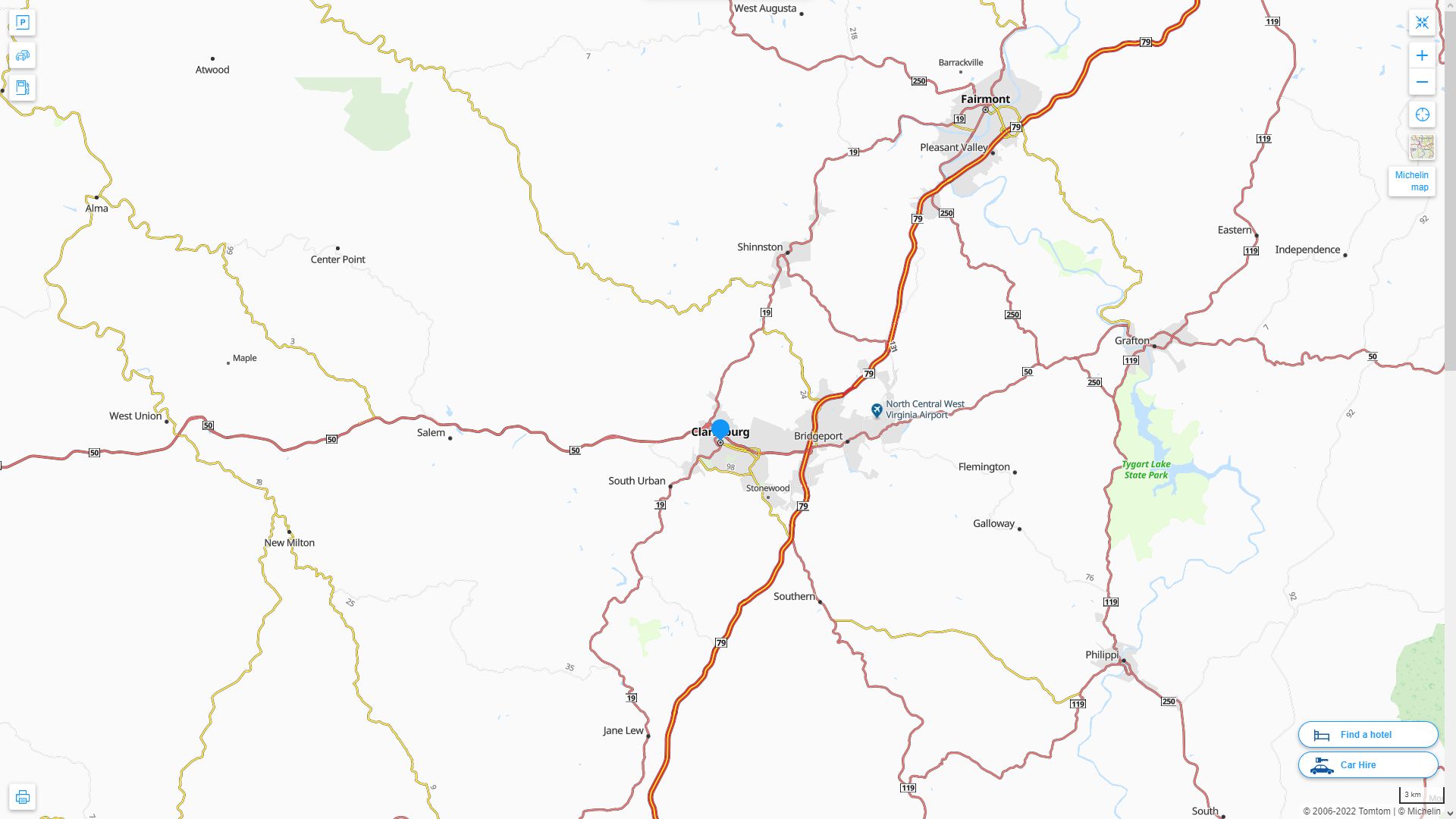 Clarksburg West Virginia Highway and Road Map
